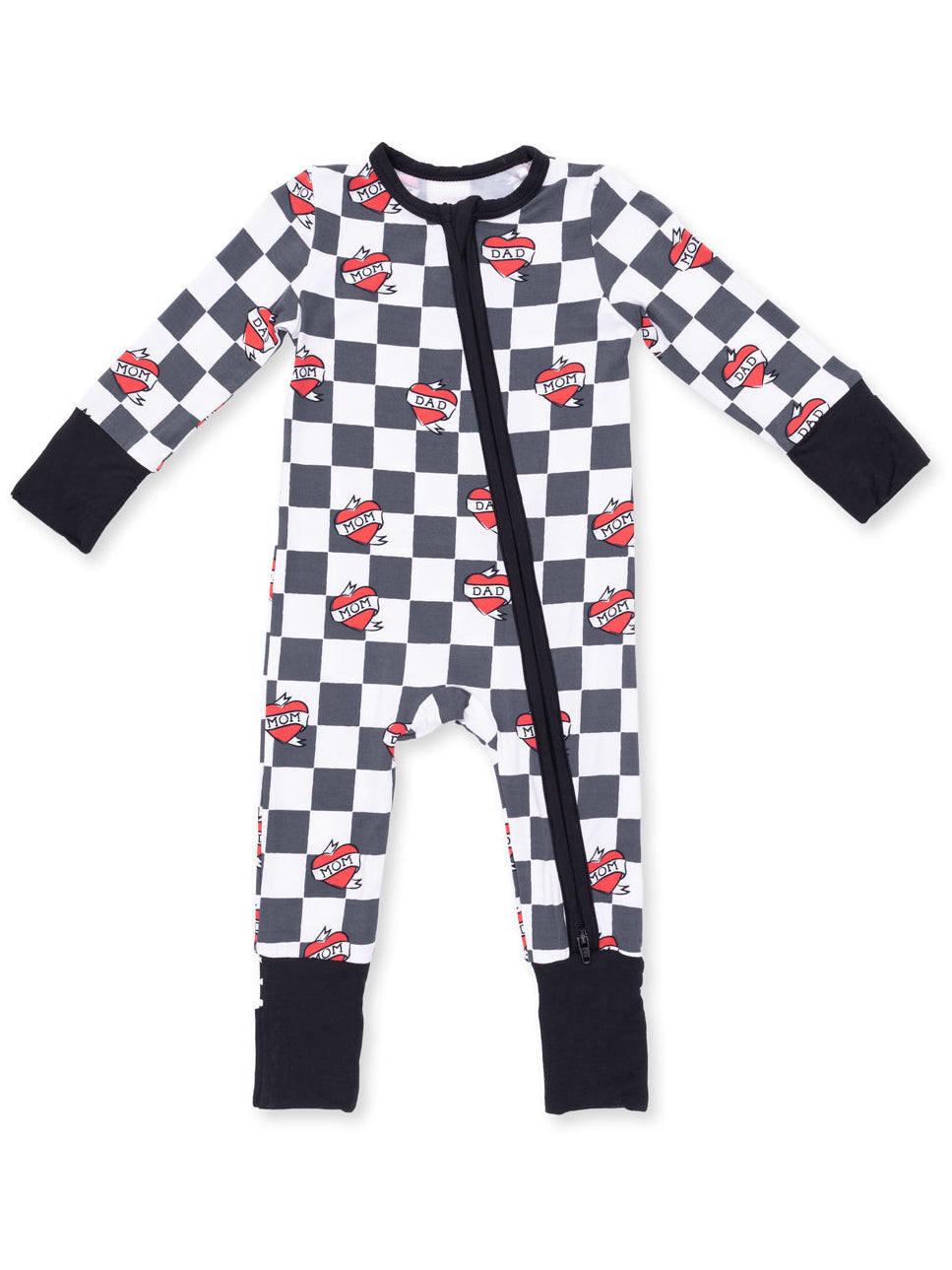 Black and white checkered baby onesie with "MOM" and "DAD" graphics, featuring a front zip closure.