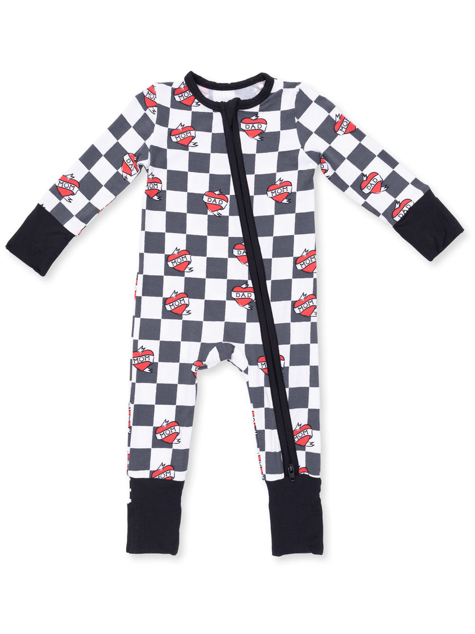 2-Way Zip Romper, Heart Tattoo Check Black