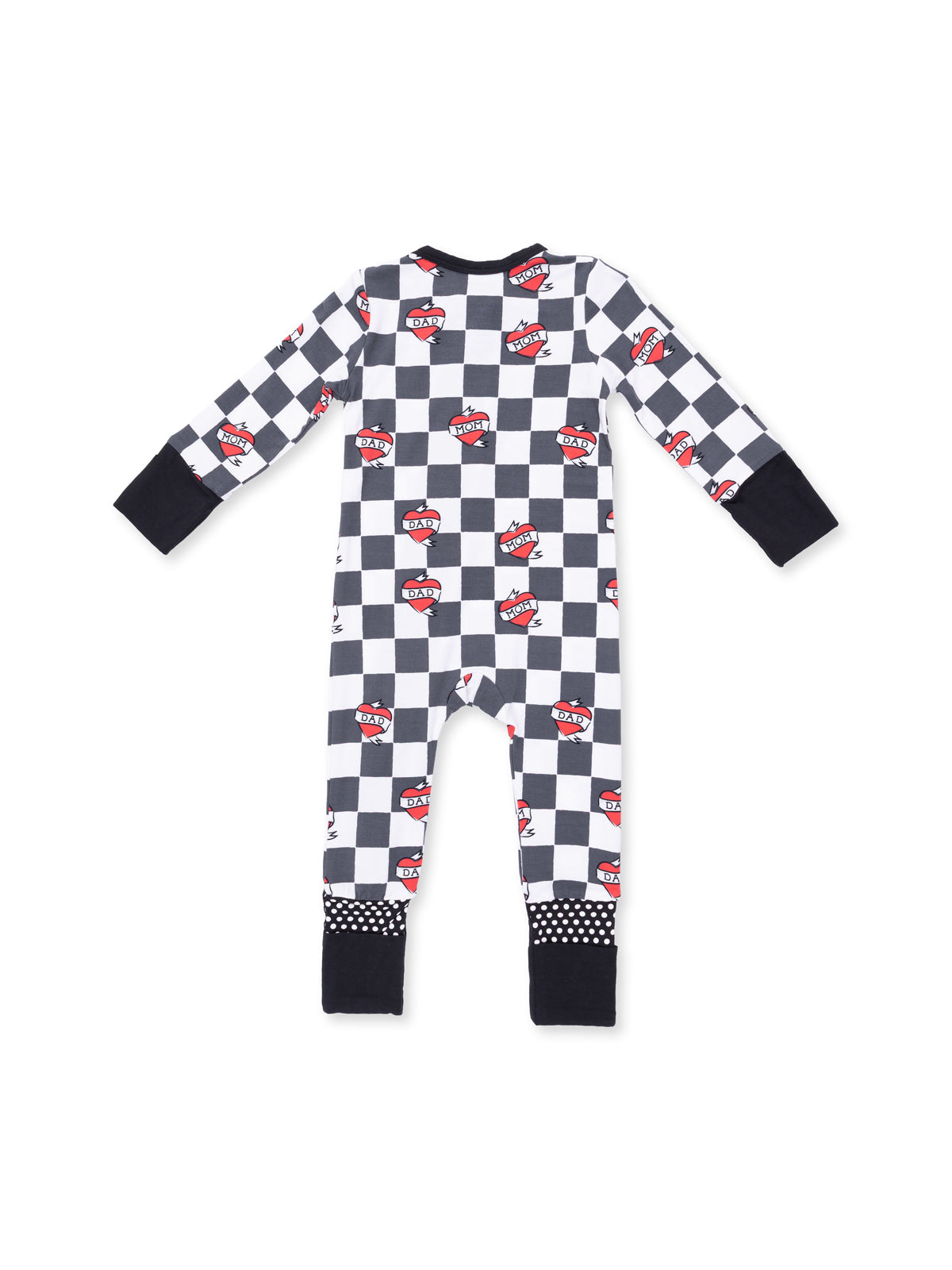 Black and white checkered baby onesie with heart and "DAD" design on the front. Long sleeves and polka dot cuffs.
