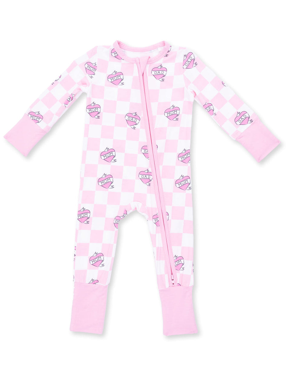 2-Way Zip Romper, Heart Tattoo Check Pink