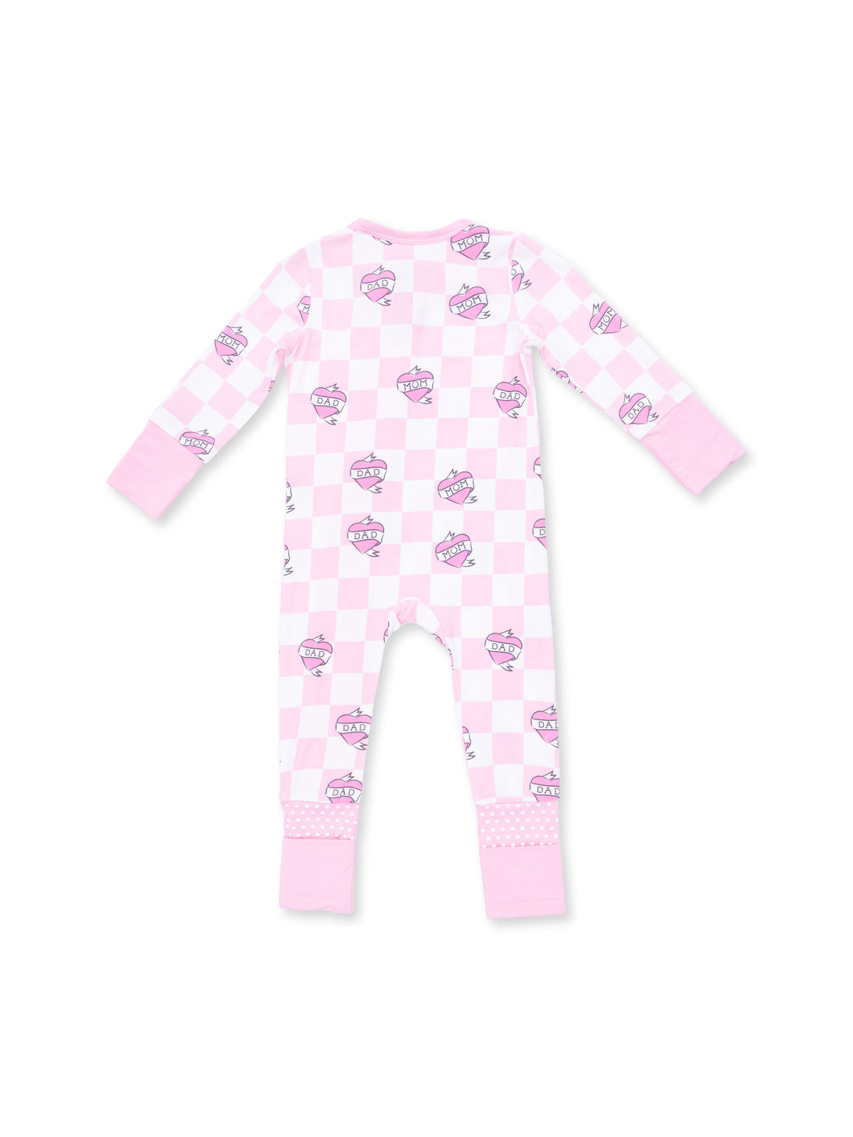 2-Way Zip Romper, Heart Tattoo Check Pink