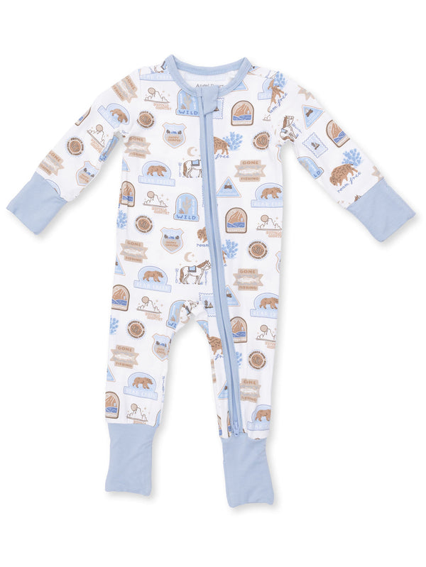 Baby onesie with blue accents and playful animal prints, featuring bears and nature-themed graphics.