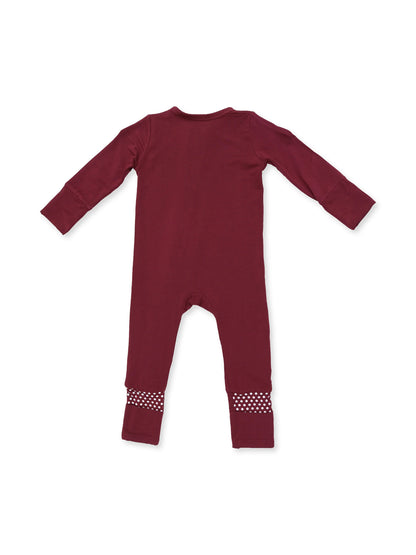 Maroon long-sleeve onesie with patterned cuffs, viewed from the back. Suitable for babies and toddlers.
