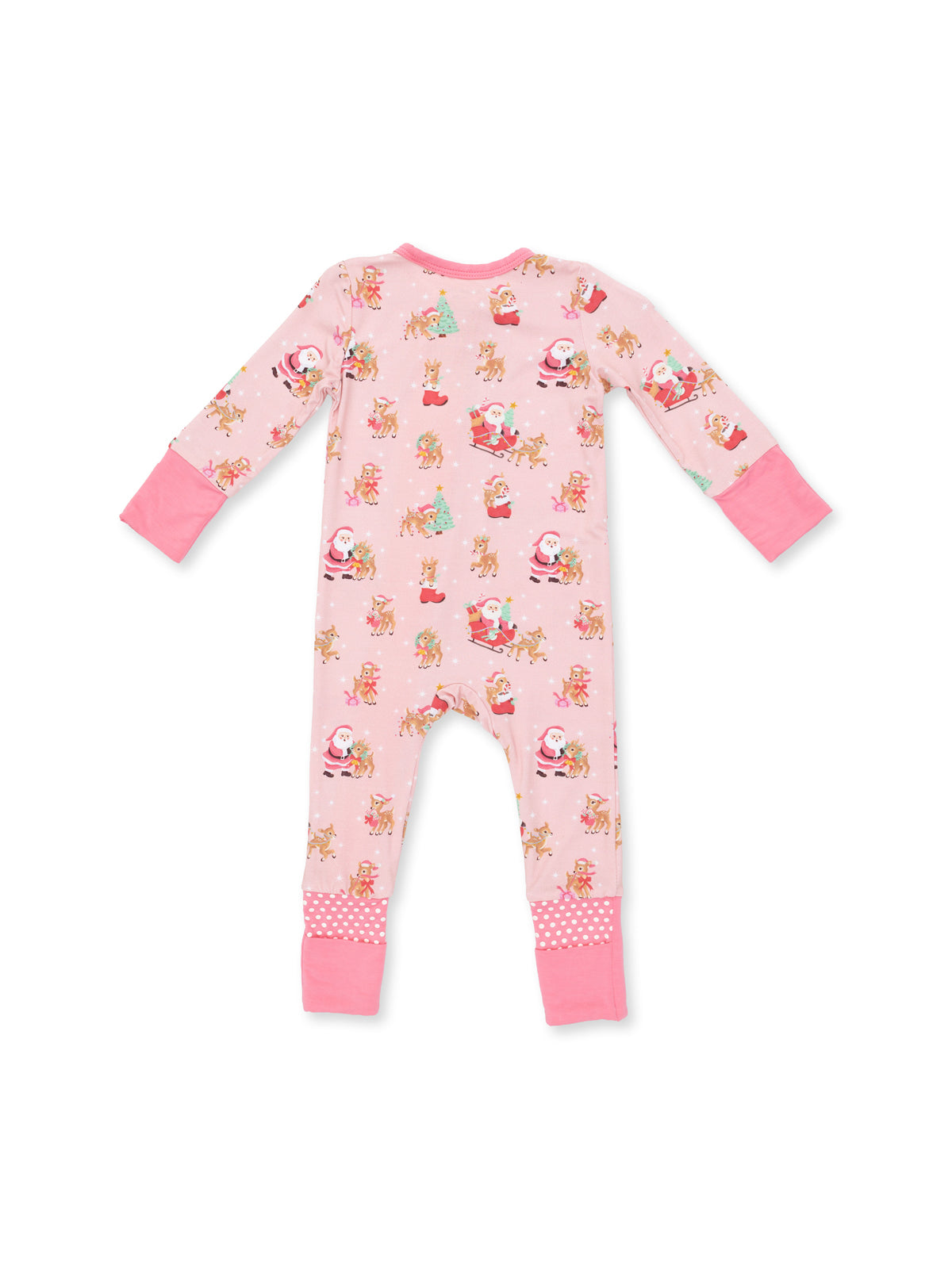 Pink toddler pajama with festive Santa and reindeer print, featuring long sleeves and polka dot cuffs.