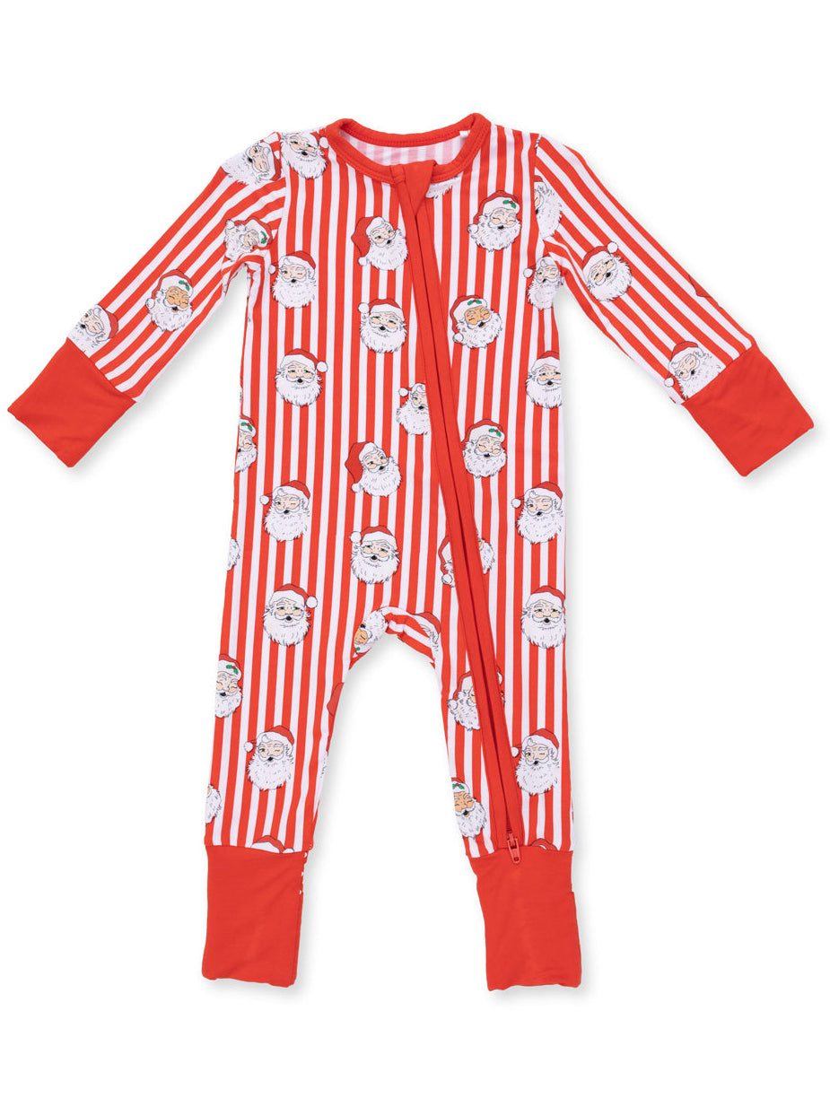 Red striped onesie featuring Santa Claus designs, perfect for festive occasions and cozy wear.
