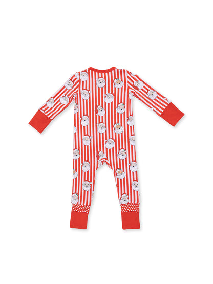 Red-striped onesie featuring Santa faces, perfect for festive children's sleepwear.