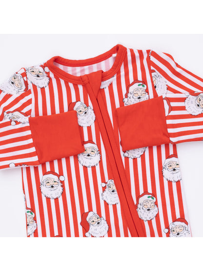 Red striped onesie featuring Santa Claus illustrations and cozy pouch pockets.