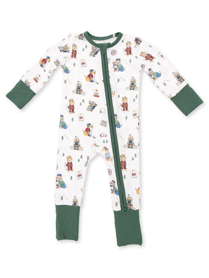 2-Way Zip Romper, Winter Sports Dogs Green