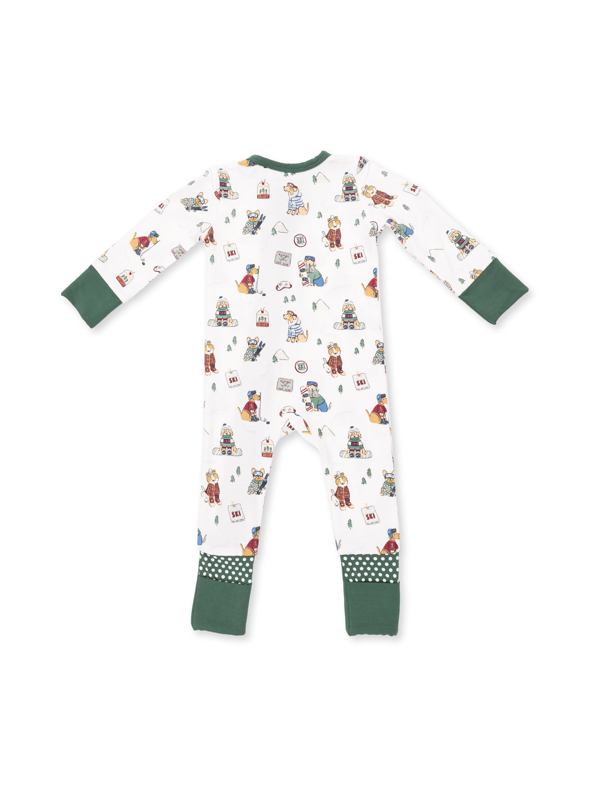 2-Way Zip Romper, Winter Sports Dogs Green