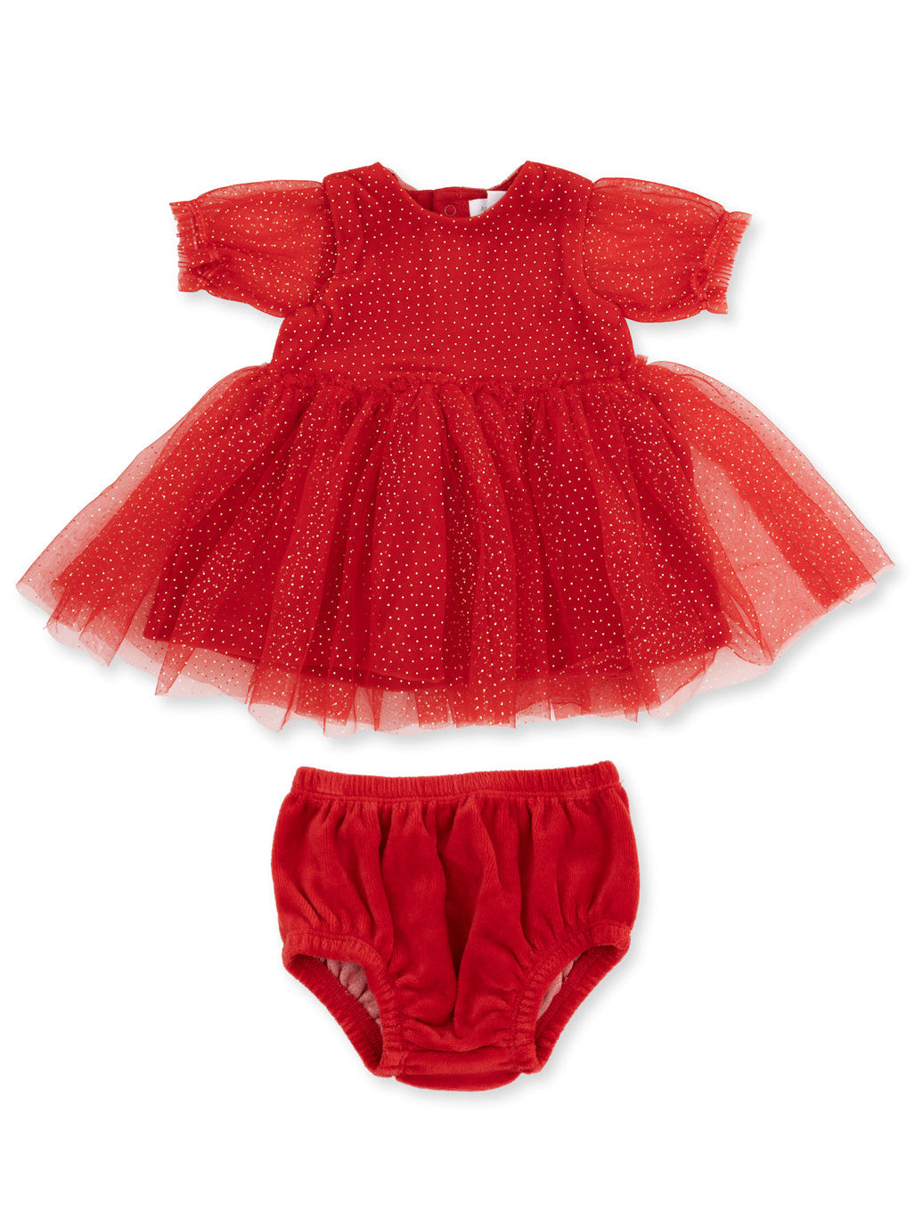 Red toddler dress with short puff sleeves and tulle skirt, paired with matching red bloomers.