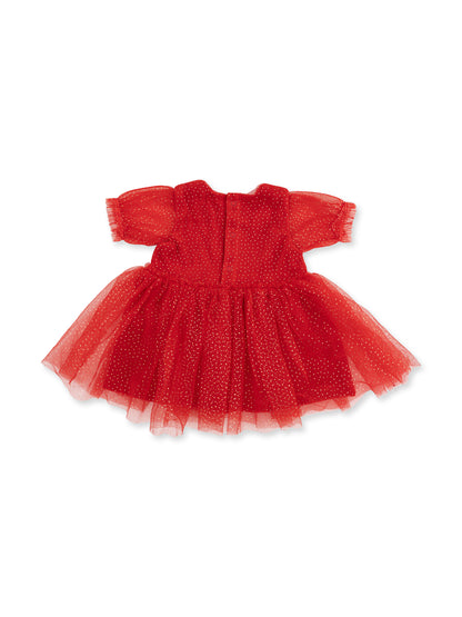 Red tulle dress with short sleeves and sparkly detailing, perfect for dolls or dress-up play.