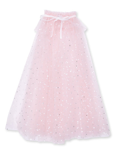 Pink tulle skirt adorned with silver stars and a satin ribbon tie at the waist. Perfect for a whimsical outfit.