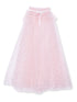 Pink tulle skirt adorned with silver stars and a satin ribbon tie at the waist. Perfect for a whimsical outfit.