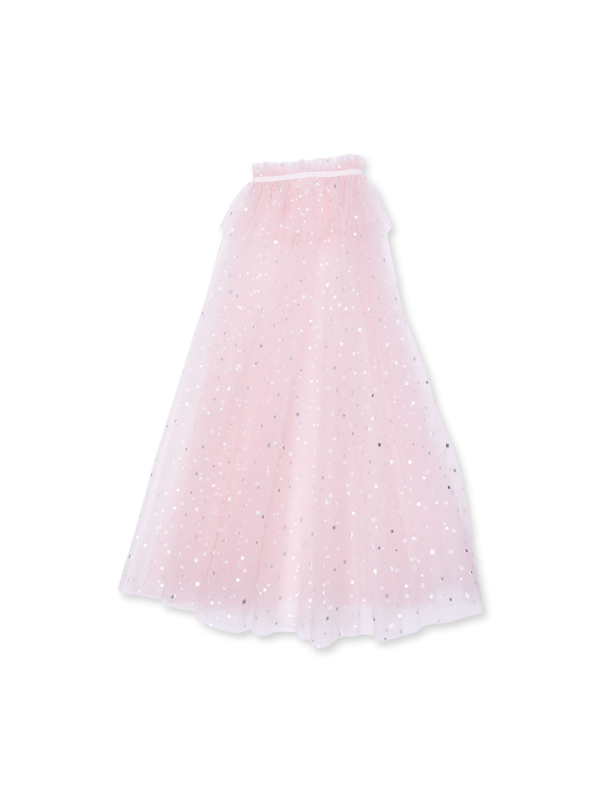 Light pink tulle skirt adorned with silver star patterns, ideal for whimsical outfits.