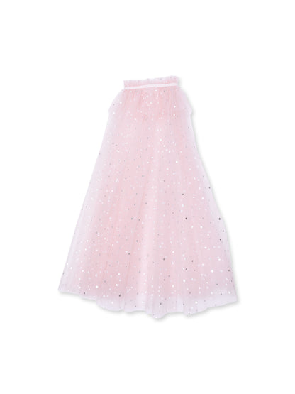 Light pink tulle skirt adorned with silver star patterns, ideal for whimsical outfits.