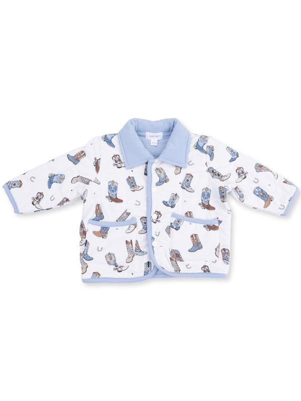 Children's jacket with cowboy boot pattern and blue accents, featuring a collar and front pockets.