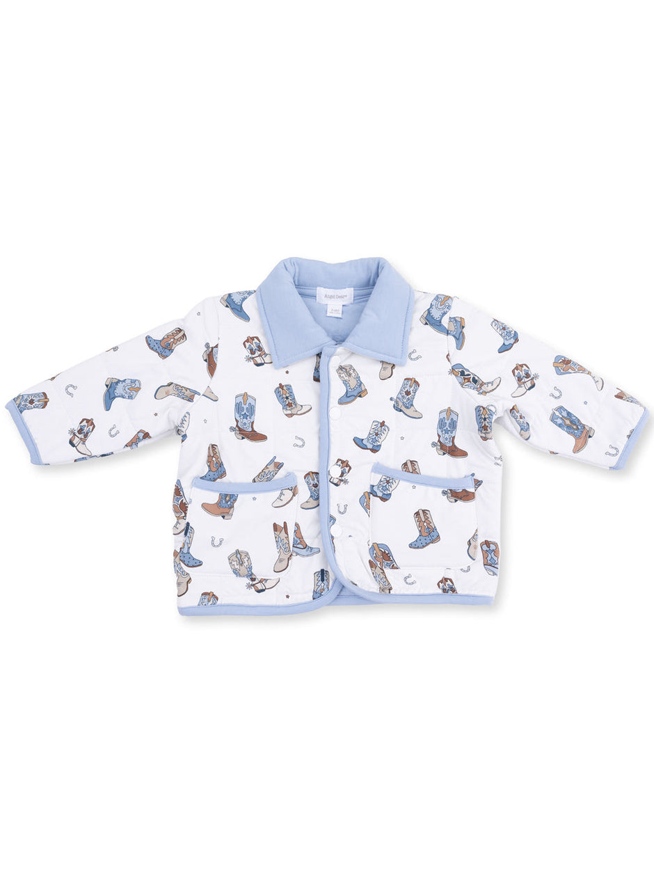 Children's jacket with cowboy boot pattern and blue accents, featuring a collar and front pockets.