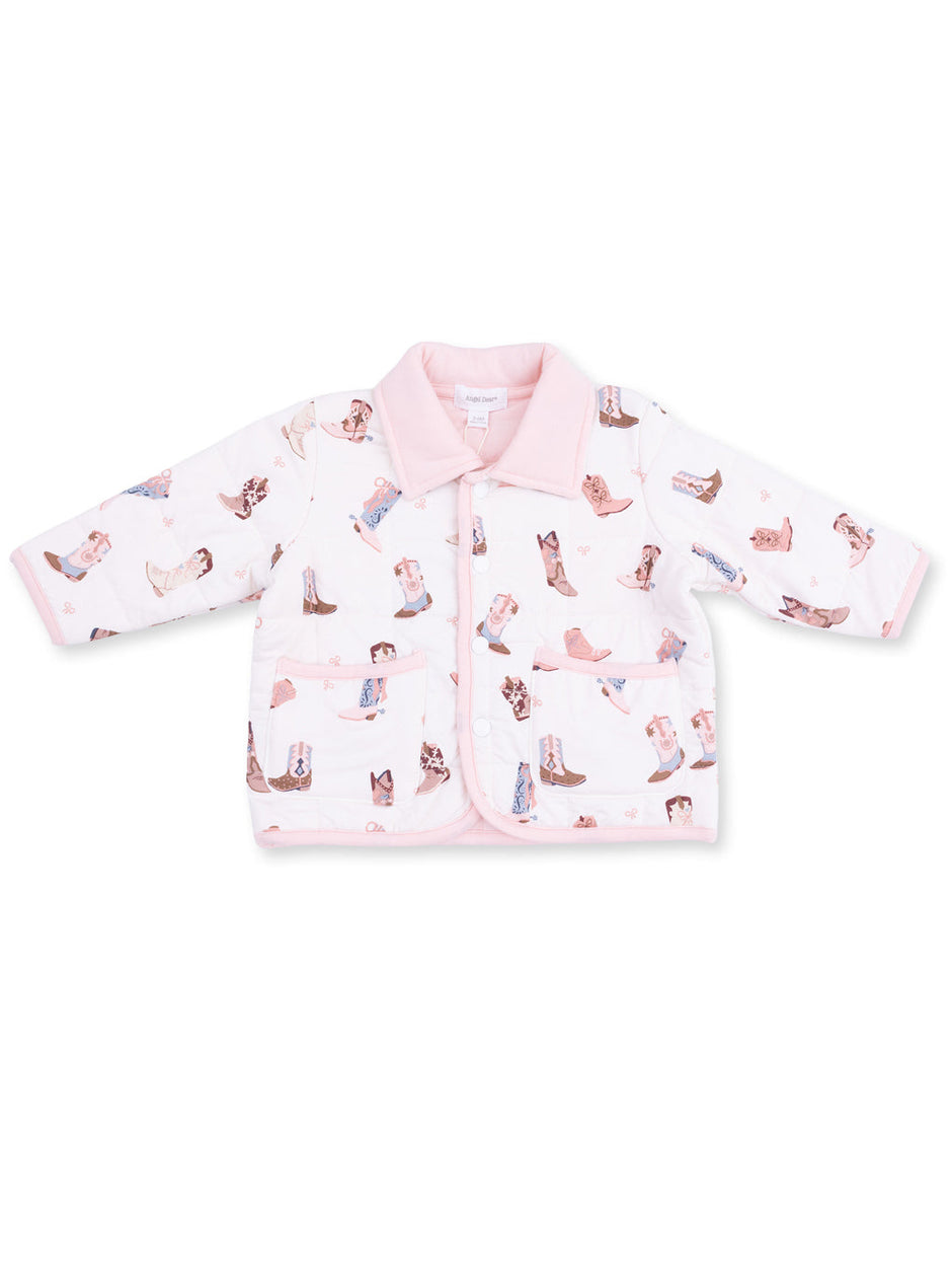 White jacket with pink collar and sleeves, featuring patterns of cowgirl boots and western-themed visuals.