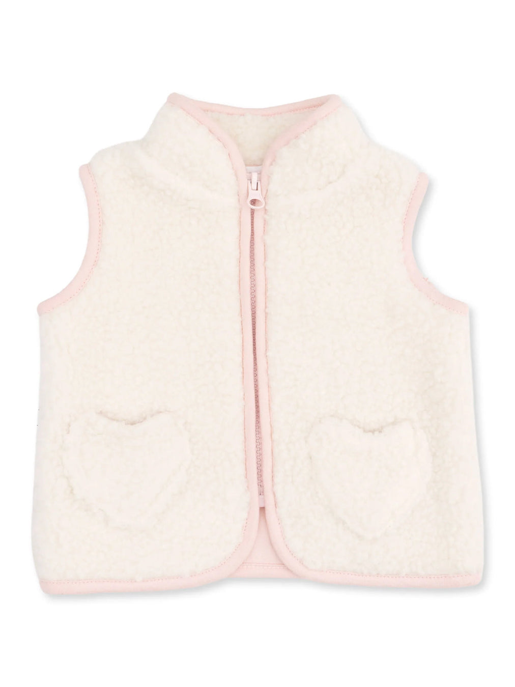 White fleece vest for kids with pink trim and heart-shaped pockets. Ideal for warmth and comfort.
