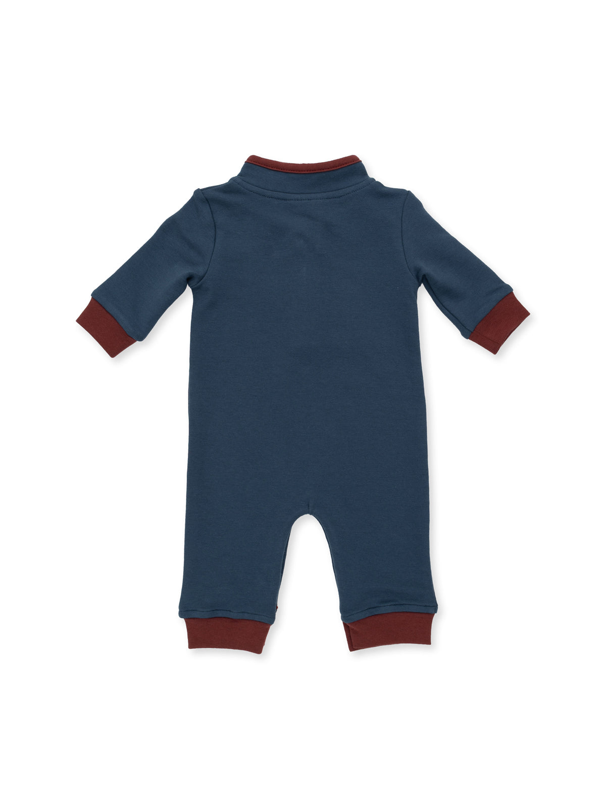 Back view of a blue baby onesie with maroon cuffs and collar, designed for comfort and style.