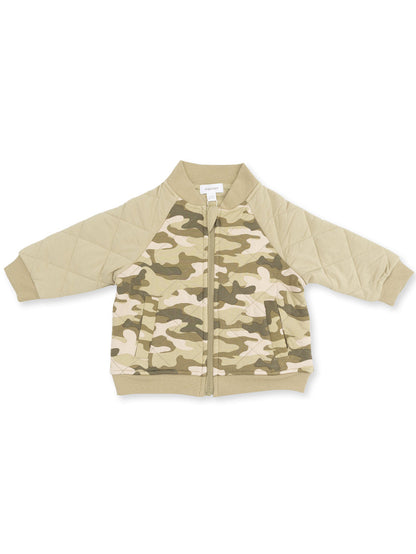 Tan camouflage zip-up jacket with quilted sleeves and front pockets. Suitable for casual wear.
