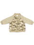 Tan camouflage zip-up jacket with quilted sleeves and front pockets. Suitable for casual wear.