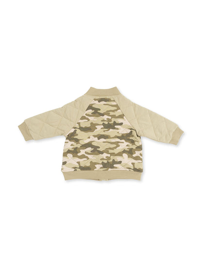 Tan and camo quilted jacket with long sleeves, viewed from the back.