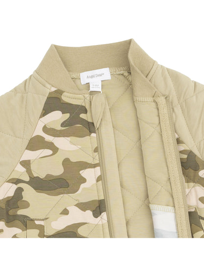 Tan quilted jacket featuring a camouflage pattern, designed for infants aged 3-6 months.