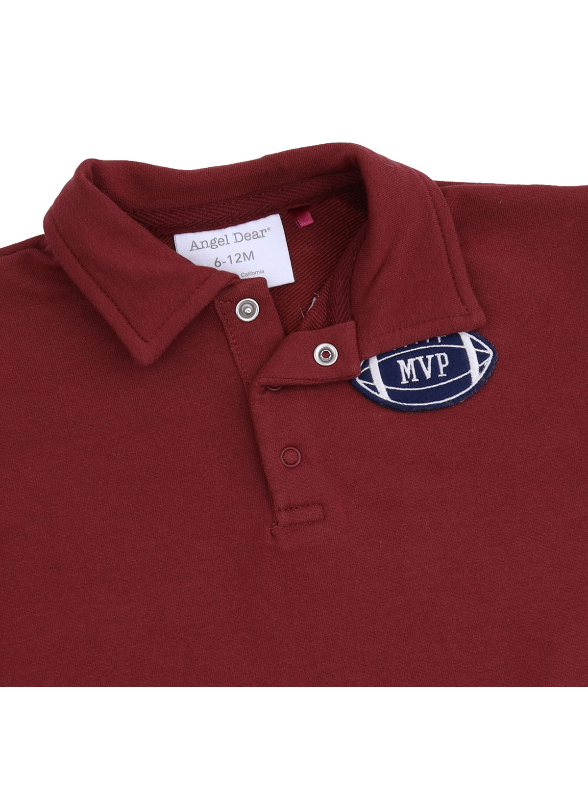 Maroon polo shirt for infants with MVP patch and two buttons at the collar. Size 6-12 months by Angel Dear.