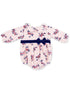 Pink floral baby romper with long sleeves and a navy bow accent. Perfect for spring or summer outings.