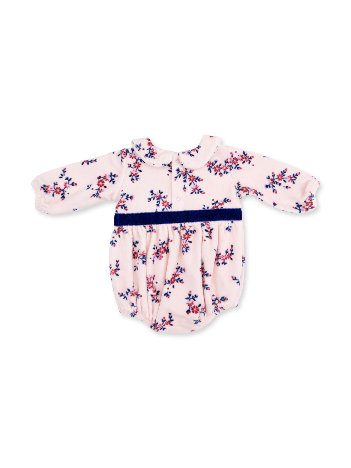 Floral-patterned baby romper in pink with a navy blue waistband and long sleeves. Ideal for infants' casual wear.