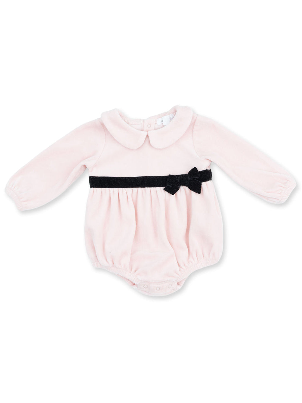 Pink baby romper with long sleeves, a collar, and a black ribbon belt accent.