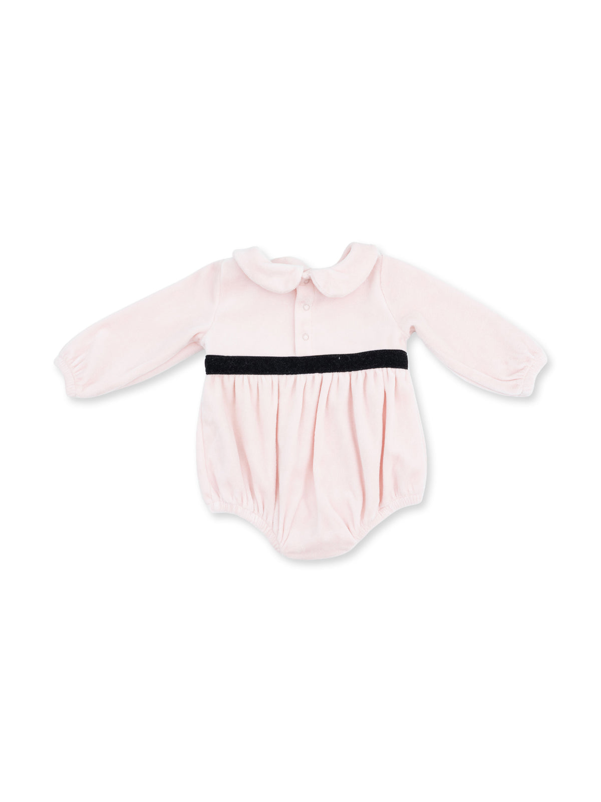 Pink baby onesie with long sleeves and a black belt; features a collared neckline and button front.