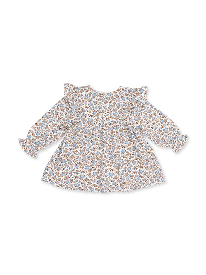 Floral long-sleeve dress with ruffles in shades of blue and brown on a white background, displayed from above.