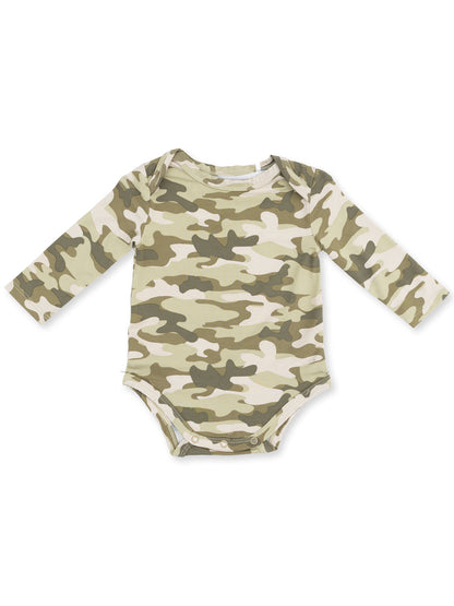 Long-sleeve baby bodysuit in a green and beige camouflage pattern.