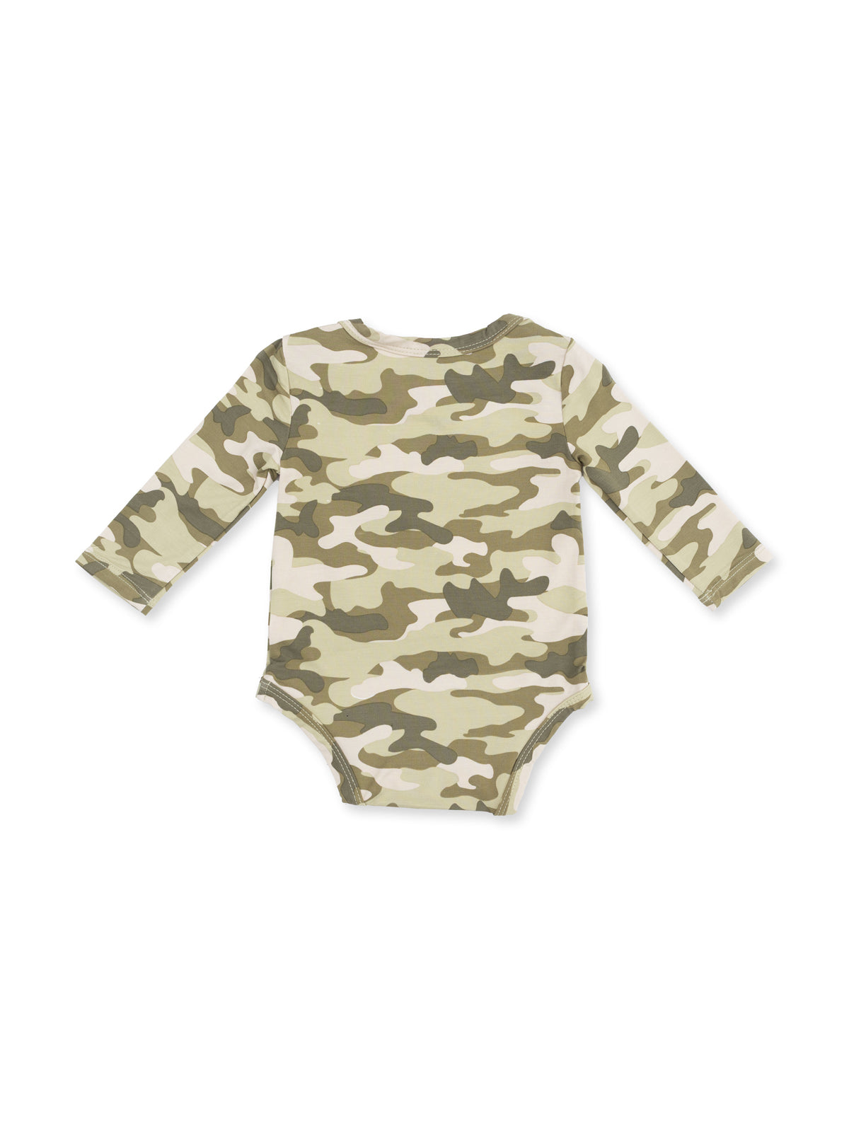 Green camo long-sleeve infant bodysuit viewed from the back, featuring a soft cotton blend for comfort.