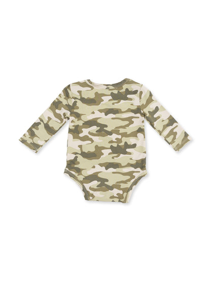 Green camo long-sleeve infant bodysuit viewed from the back, featuring a soft cotton blend for comfort.