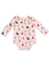 Pink long-sleeve onesie with playful holiday-themed dog and gift patterns. Perfect for festive occasions.