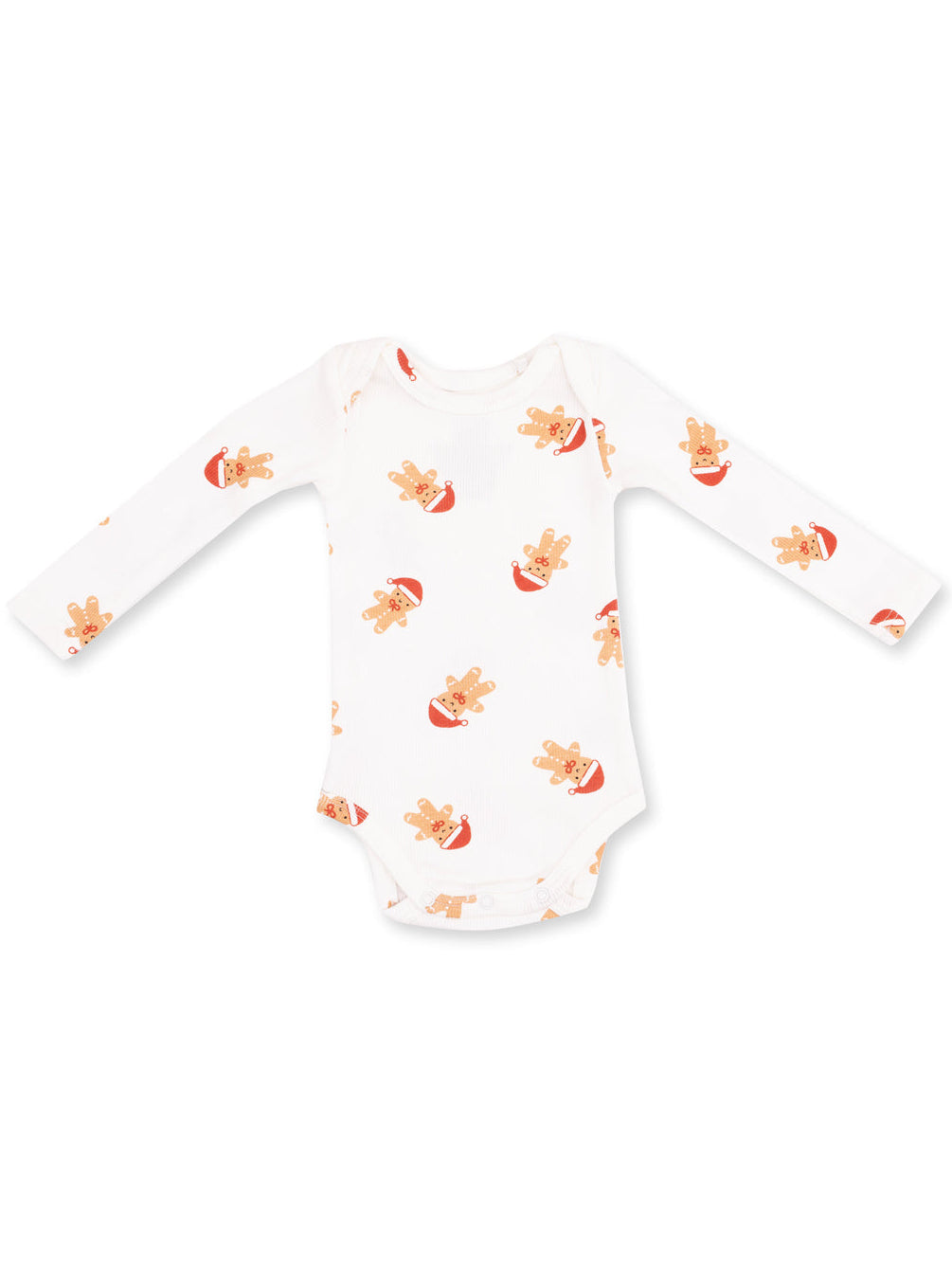 White long-sleeve onesie with gingerbread men wearing Santa hats pattern.