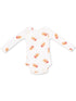 White long-sleeve onesie with gingerbread men wearing Santa hats pattern.