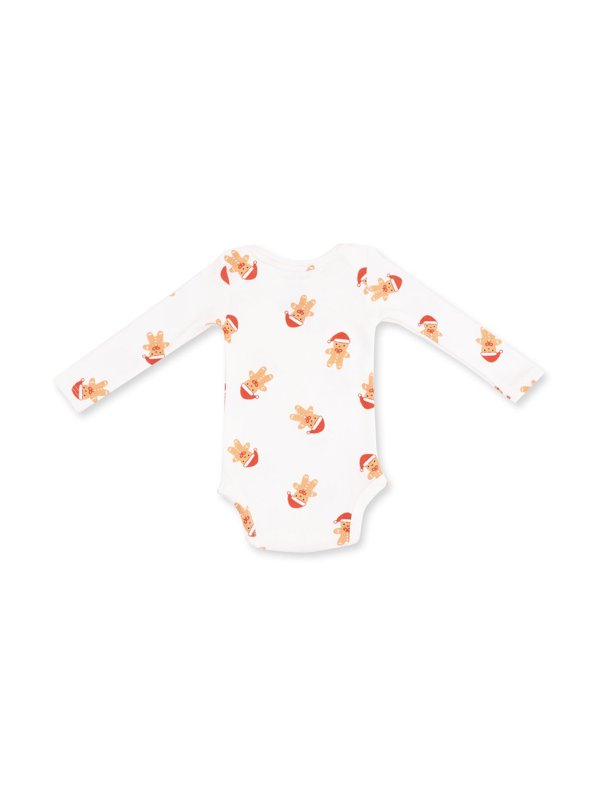 White long-sleeve onesie with a playful gingerbread man design wearing Santa hats.