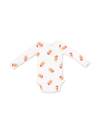 White long-sleeve onesie with a playful gingerbread man design wearing Santa hats.