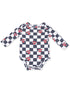 Black and white checkered baby onesie featuring red heart designs with "MOM" and "DAD" text. Long sleeves and snap closure.