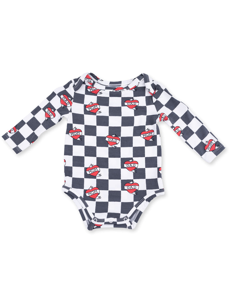 Long Sleeve Bodysuit, Heart Tattoo Check Black