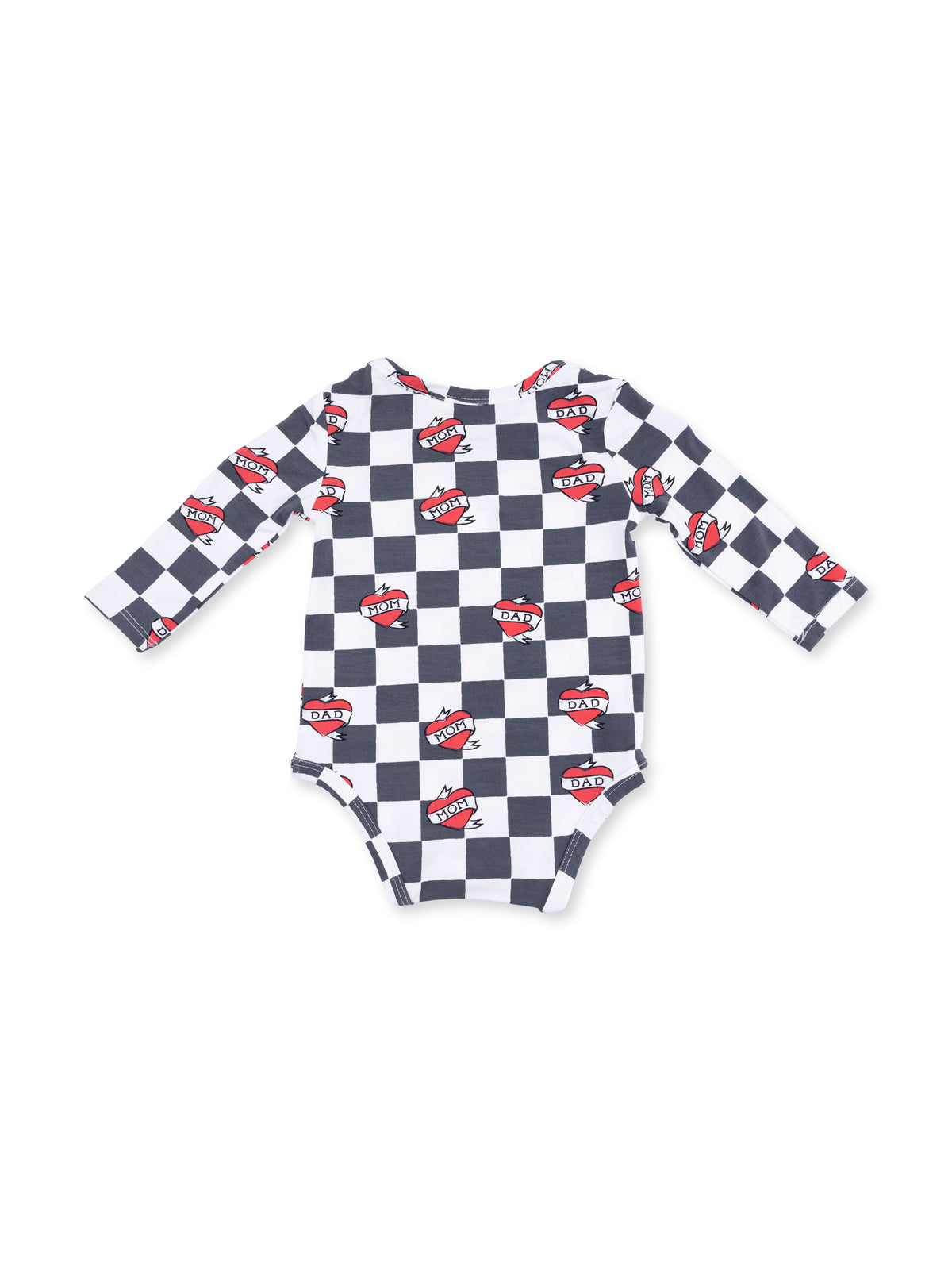 Long sleeve baby onesie with black and white checkered pattern and "Mom" and "Dad" heart graphics.