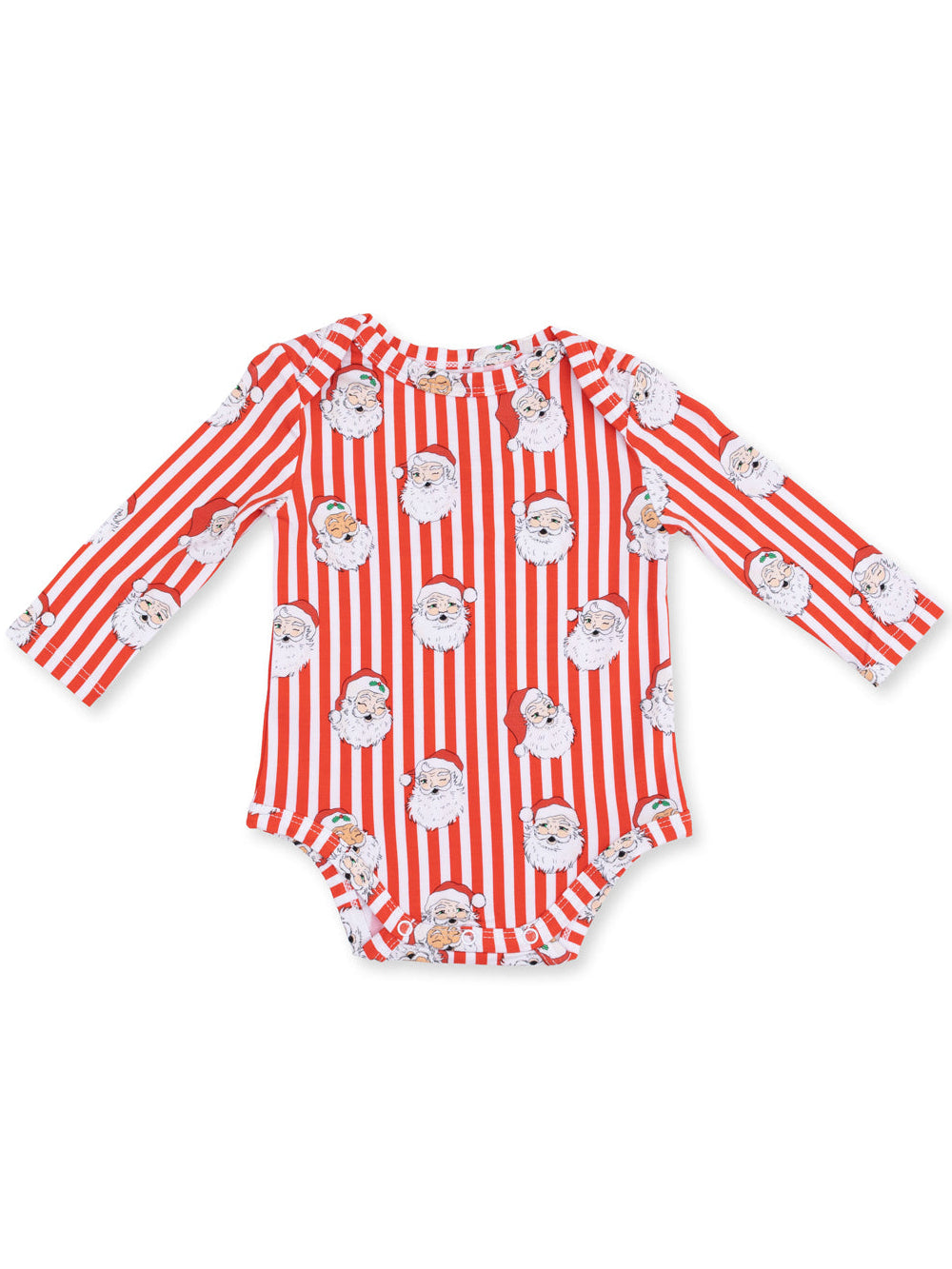 Red striped baby onesie with Santa Claus prints, featuring long sleeves and a bottom snap closure.