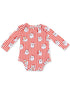 Red striped baby onesie with Santa Claus prints, featuring long sleeves and a bottom snap closure.