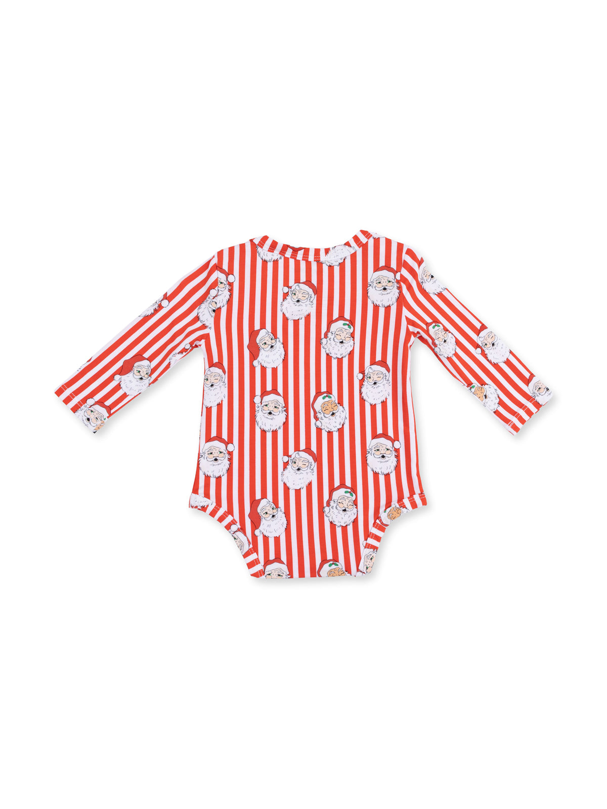 Red striped long-sleeve onesie with Santa faces, great for festive occasions.