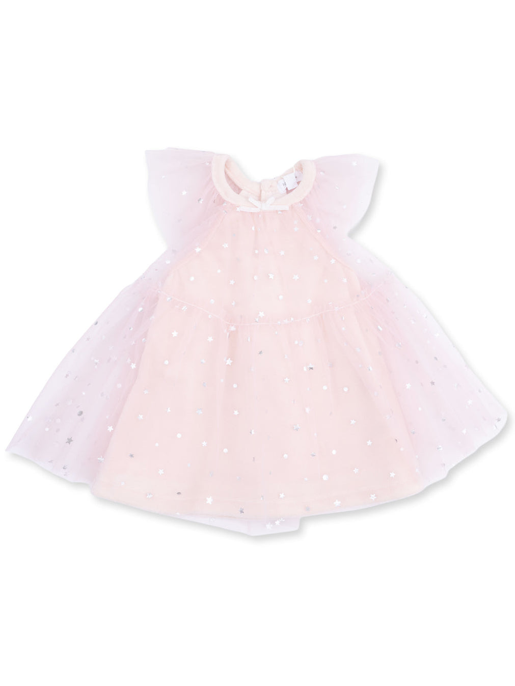 Pink dress with sheer sleeves and silver star accents, perfect for special occasions.