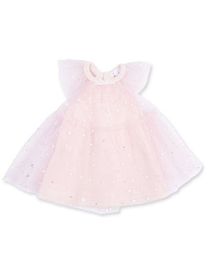 Pink dress with sheer sleeves and silver star accents, perfect for special occasions.